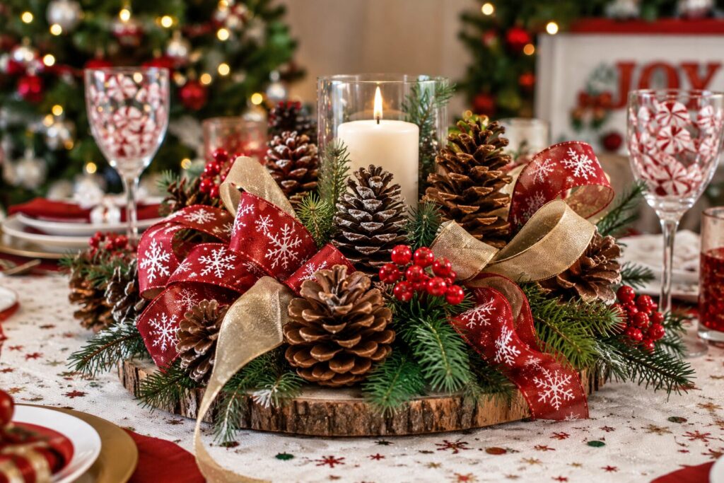Pinecones tied with red ribbon as a rustic centerpiece