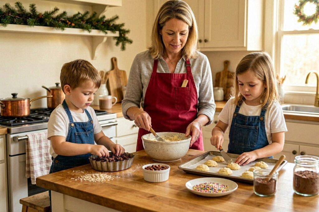 mom and kids making no bake Christmas cookies in the kitchen