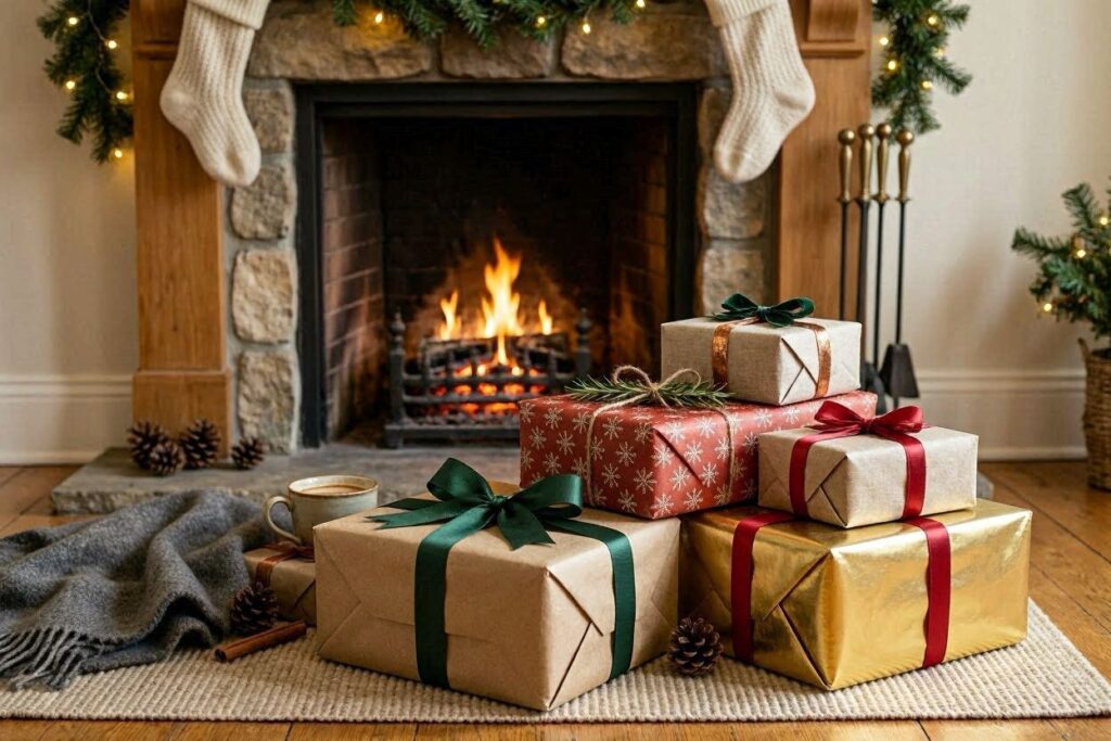 Stack of wrapped Christmas gift boxes near a fireplace