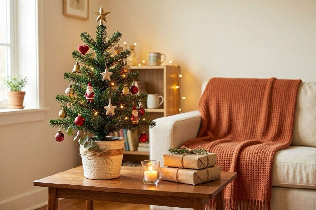 small tabletop Christmas tree decorated with mini ornaments