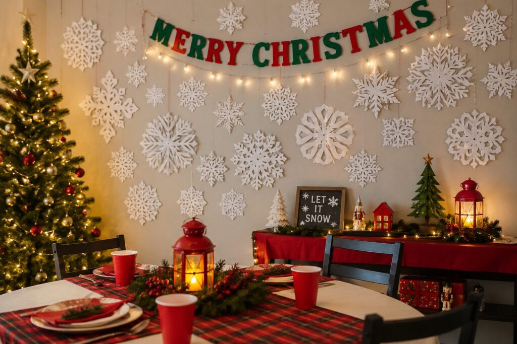 White paper snowflakes hanging on a wall as Christmas party decorations