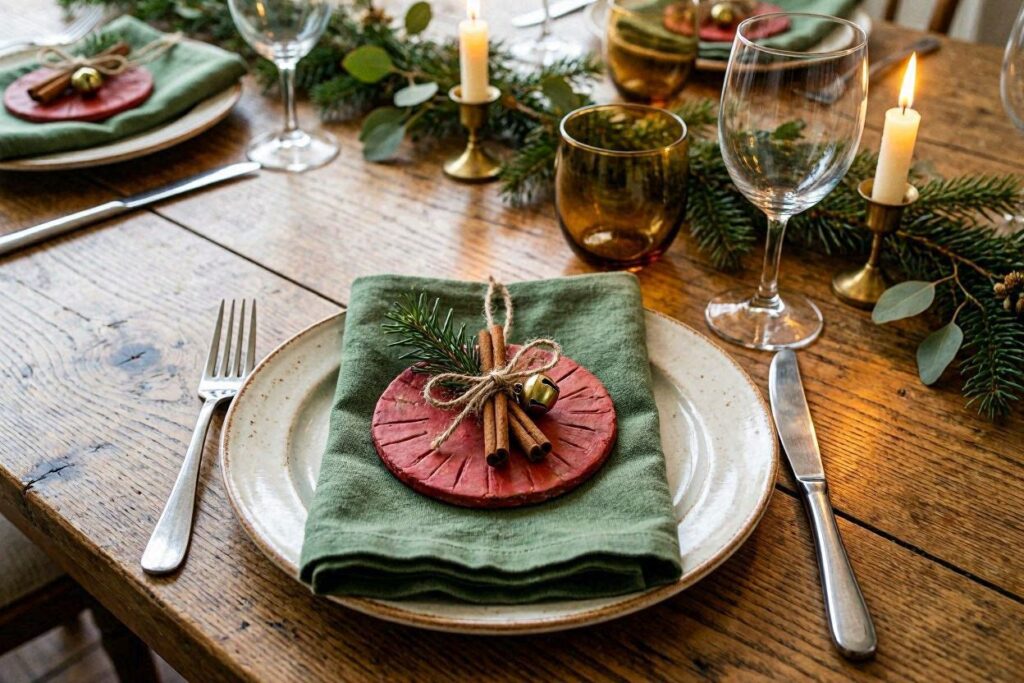 DIY ornament place setting on a christmas dinner table