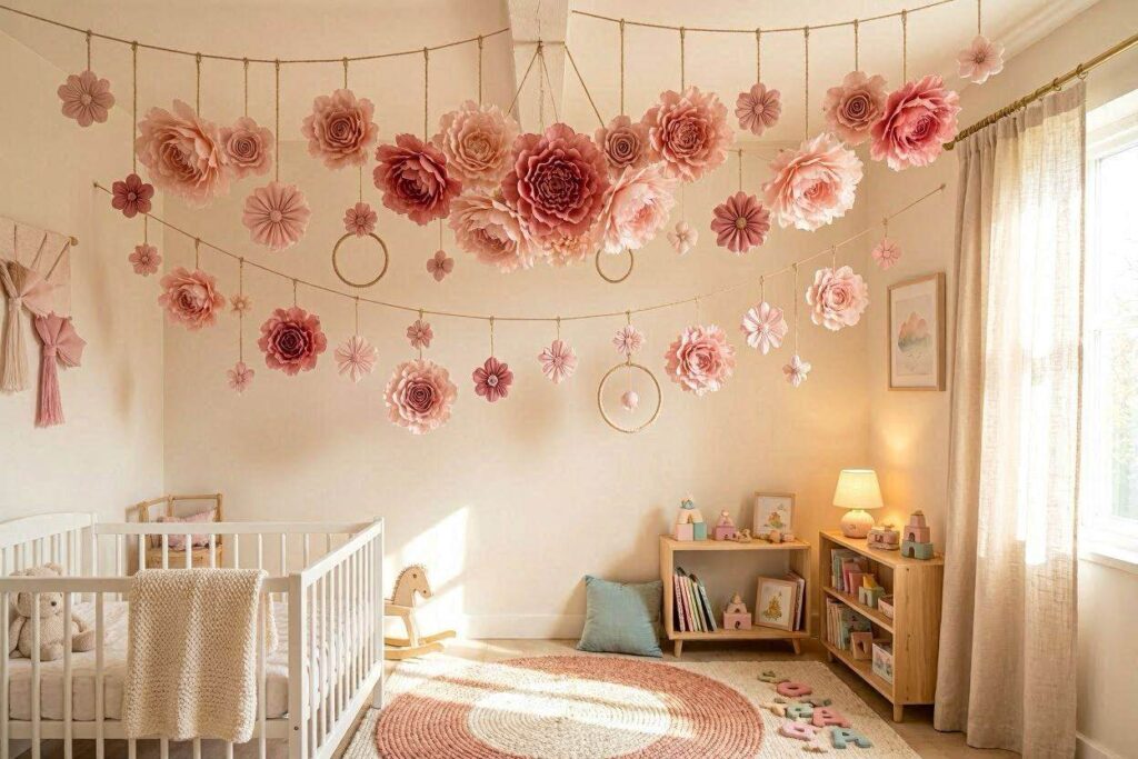 Pink paper flowers and fabric blooms decorating the ceiling of a toddler girl's room