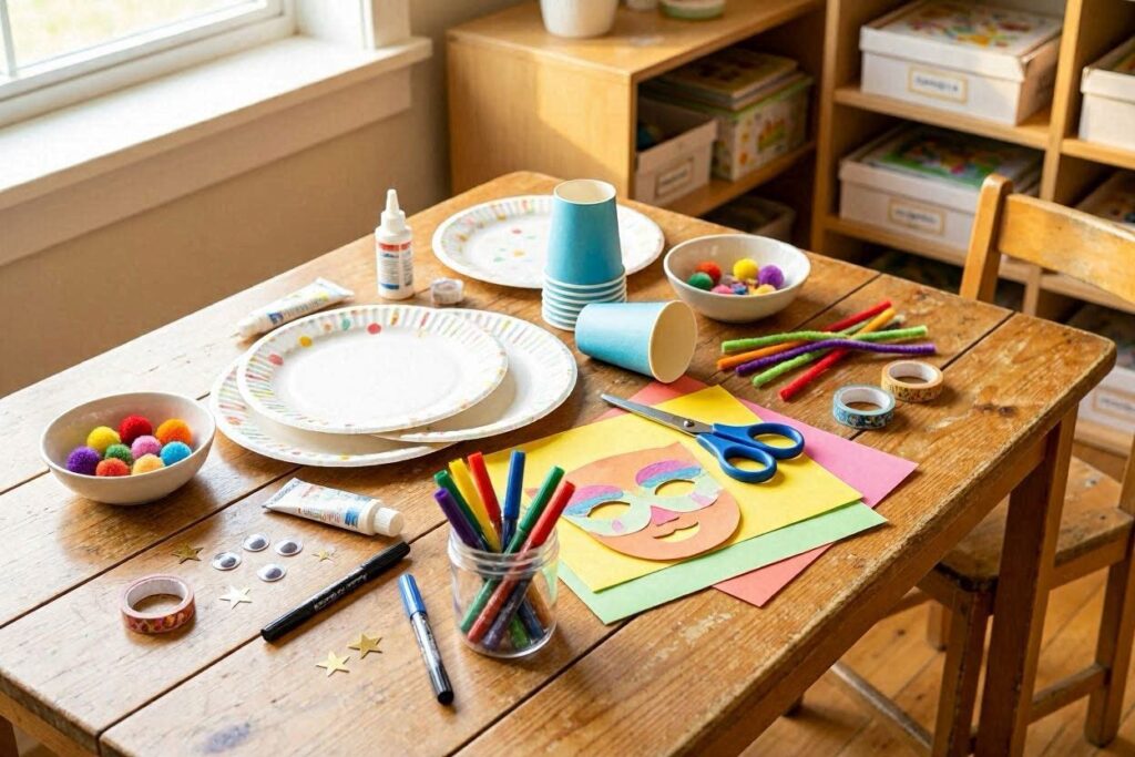 Basic supplies for paper craft ideas for kids including paper plates cups scissors and markers
