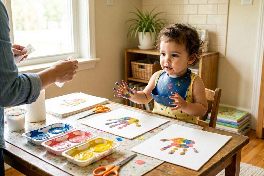 Toddler making handprint summer crafts for kids at home