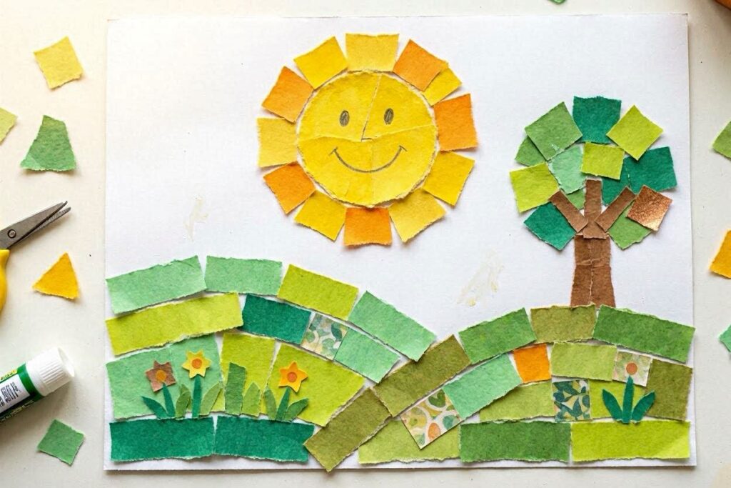 Paper mosaic art craft for kids made with torn colored paper pieces on white cardstock