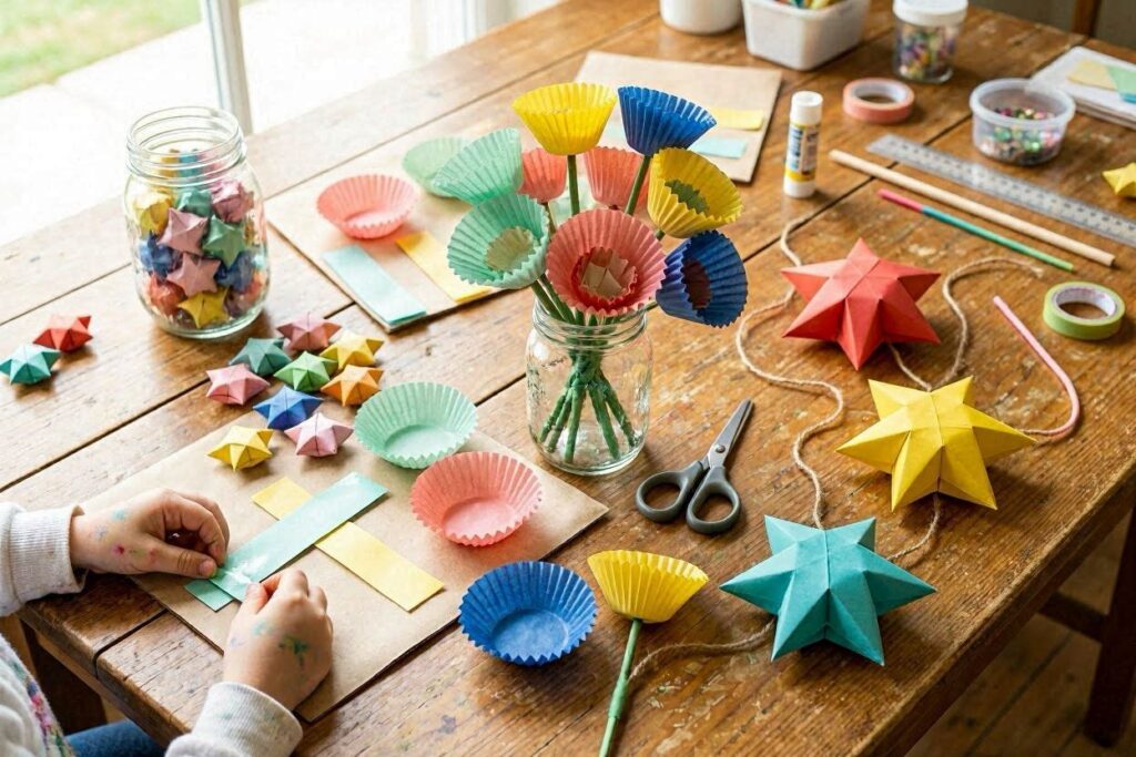 Paper star craft ideas for kids including origami lucky stars and 3D paper stars