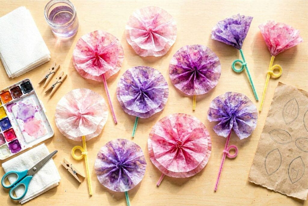 Coffee filter paper flowers craft for kids with watercolor effects in pink and purple
