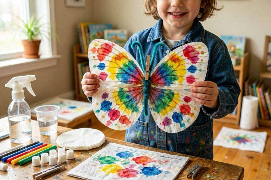 Coffee filter butterfly craft for toddlers using washable markers and a spray bottle