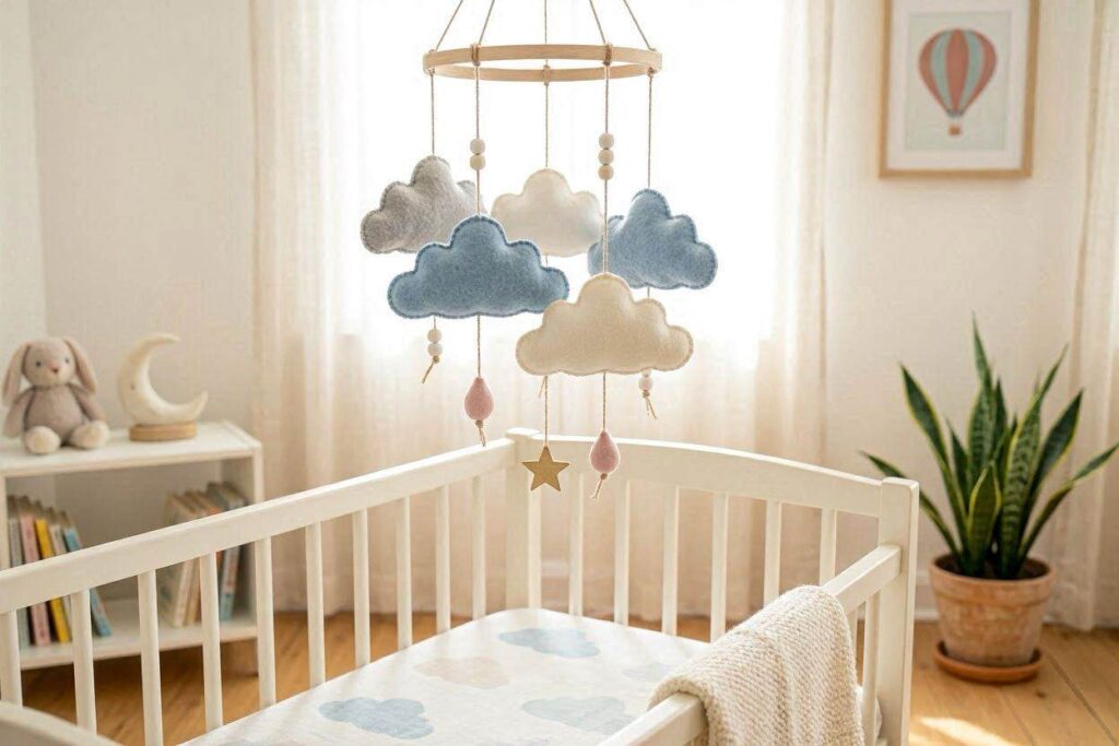 DIY cloud mobile for toddler room decor easy kids room idea