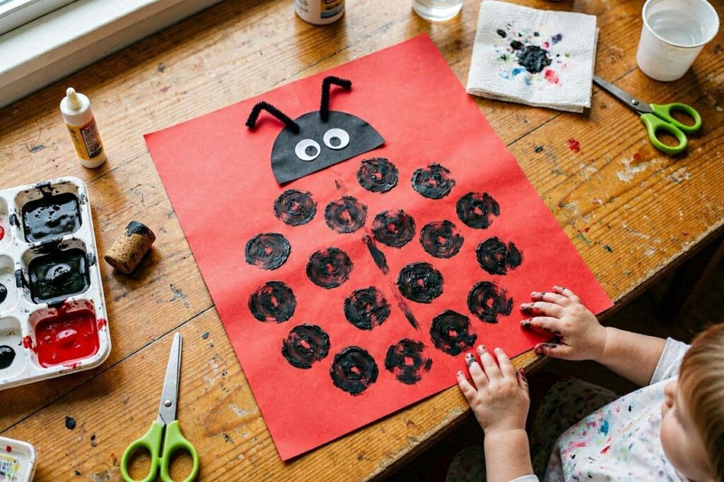 Black dots stamped with wine corks onto red paper in a ladybug pattern, a simple process art ladybug craft idea for toddlers and preschoolers.