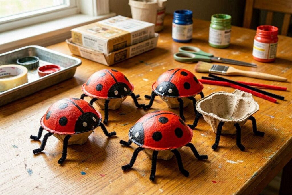 Sections of an egg carton painted red and black to look like ladybugs, with pipe cleaner legs attached, a creative ladybug craft idea using recycled materials.