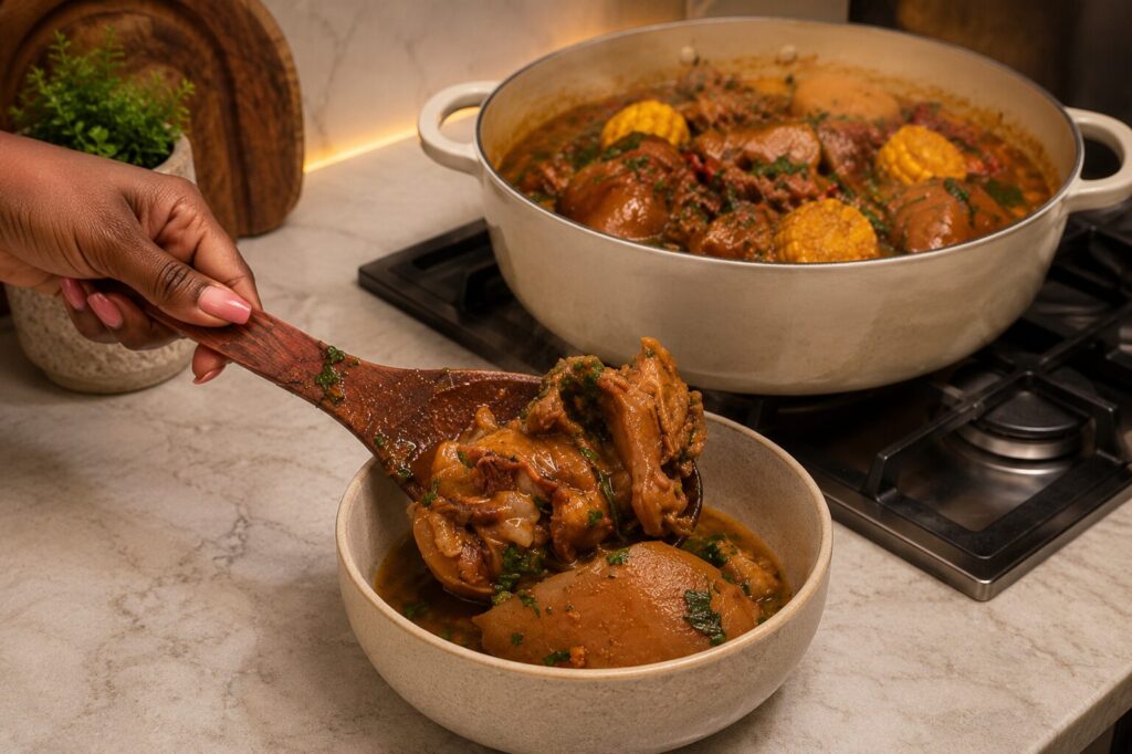 easy Nigerian cow tail pepper soup in a bowl garnished with fresh scent leaves
