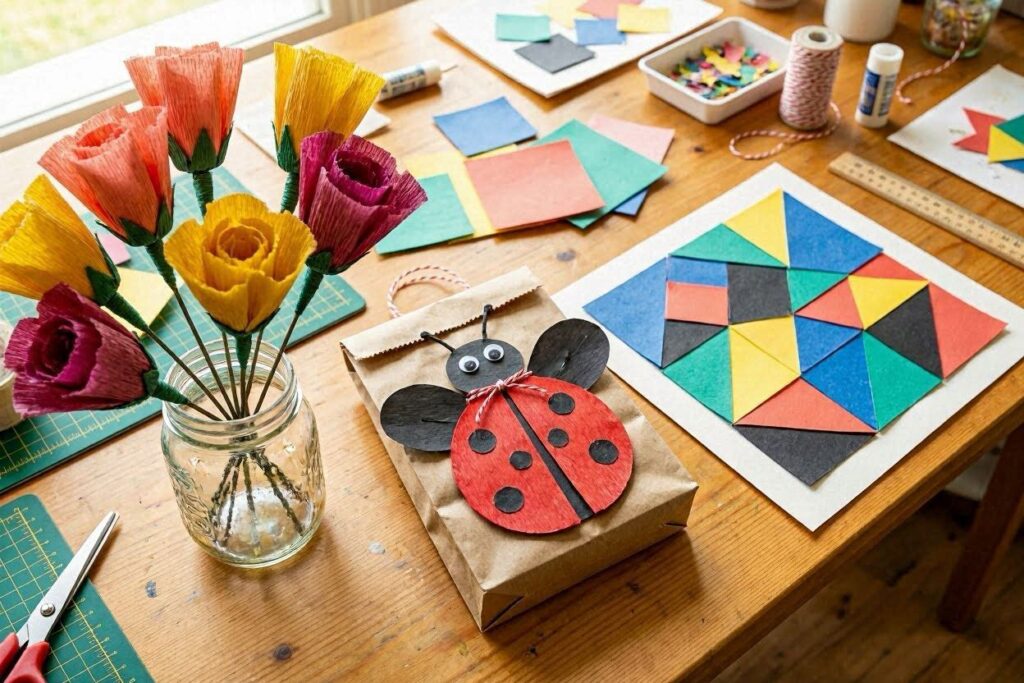 easy paper crafts for kids displayed on a table with colorful paper