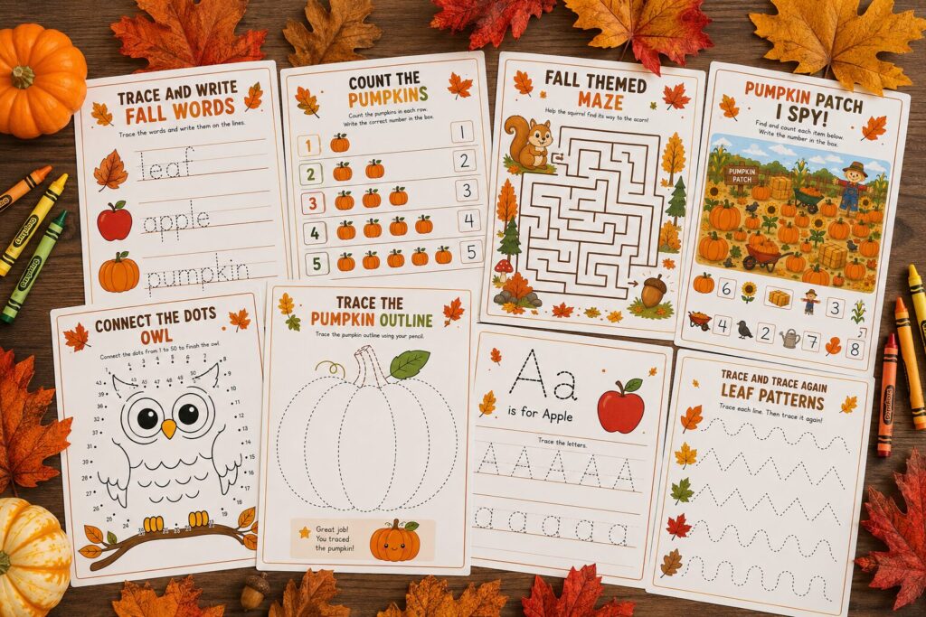 Fall printables for kids laid out with crayons and autumn leaves