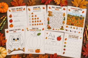 Fall printables for kids laid out with crayons and autumn leaves