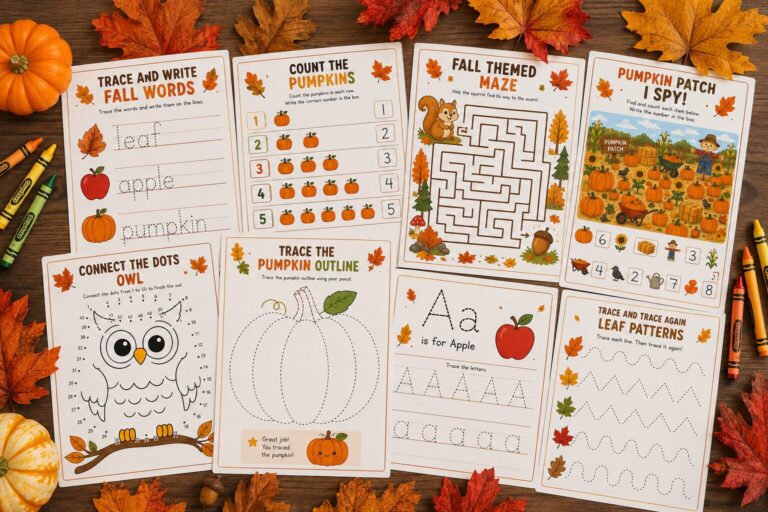Fall printables for kids laid out with crayons and autumn leaves