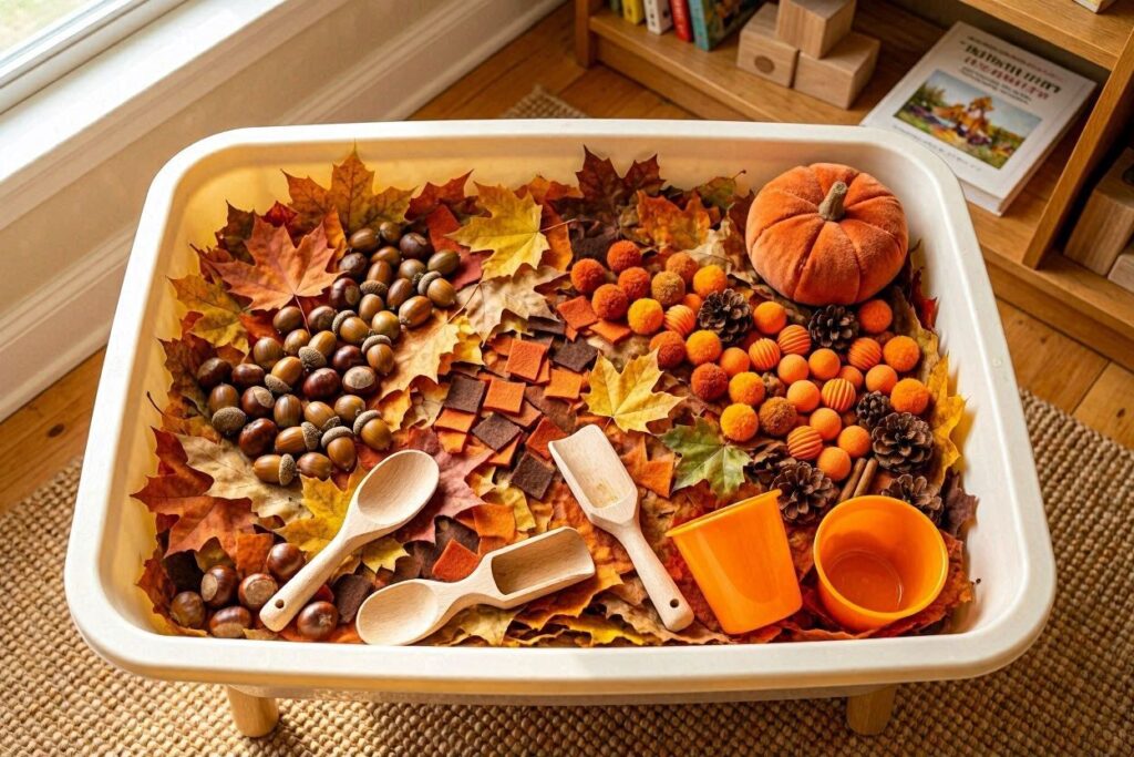fall sensory bins setup for toddlers