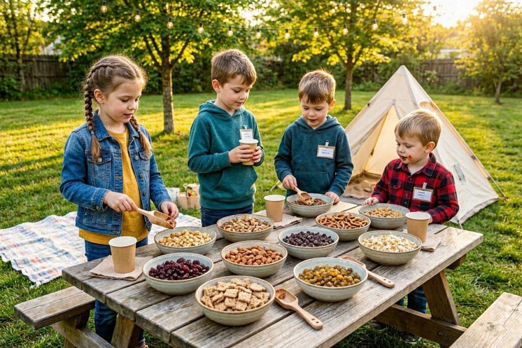 trail mix snack, backyard camping activities for kids