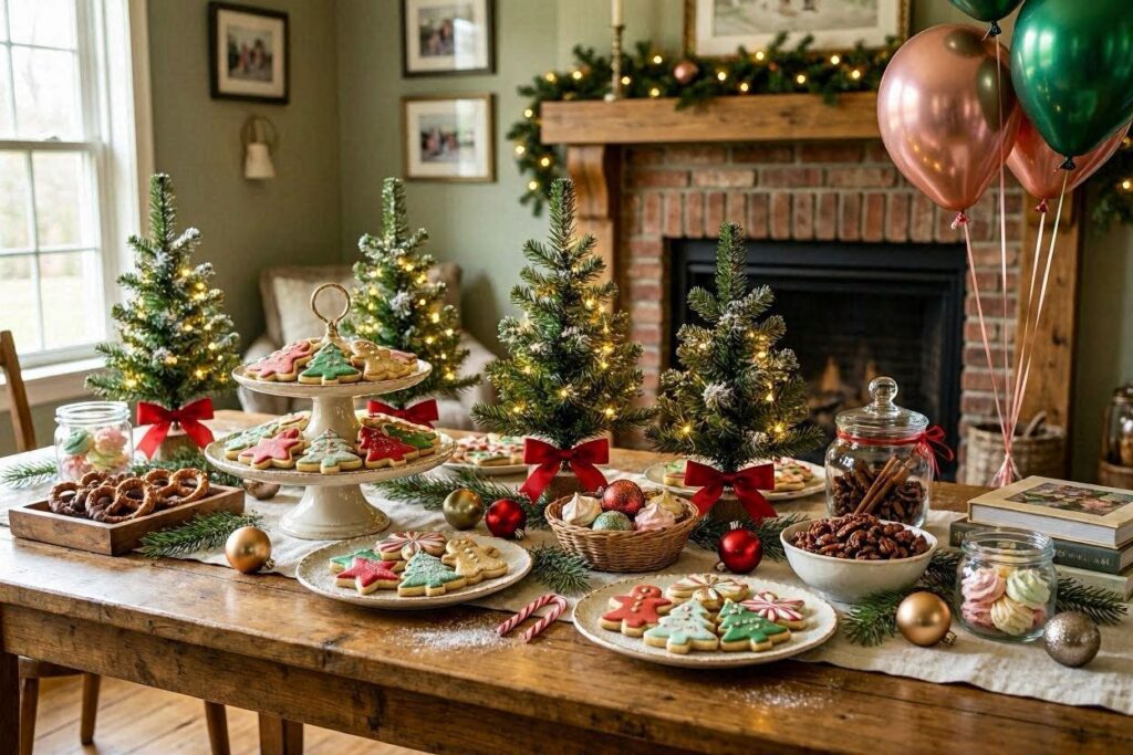Christmas cookie and treat table decorated with mini trees and ribbon