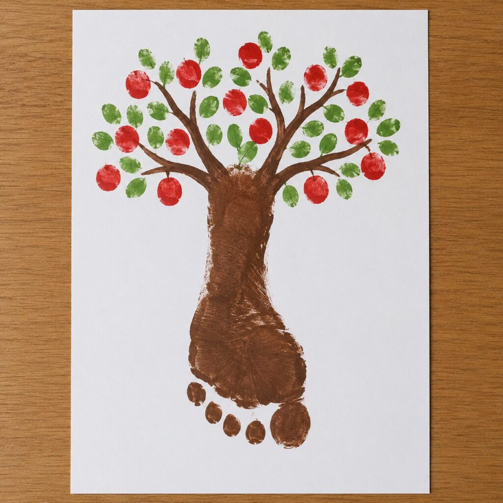 Footprint apple tree made by pressing a child's foot in brown paint for the trunk and adding red fingerprint apples at the top