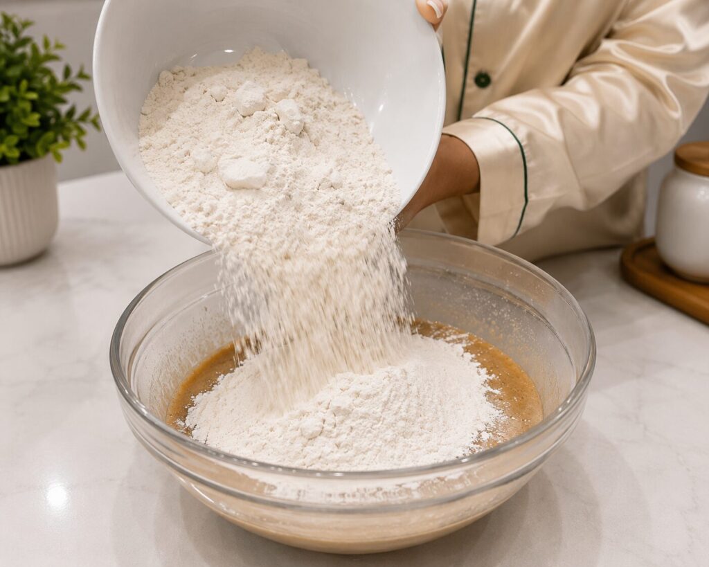 folding flour into healthy chocolate cookies batter