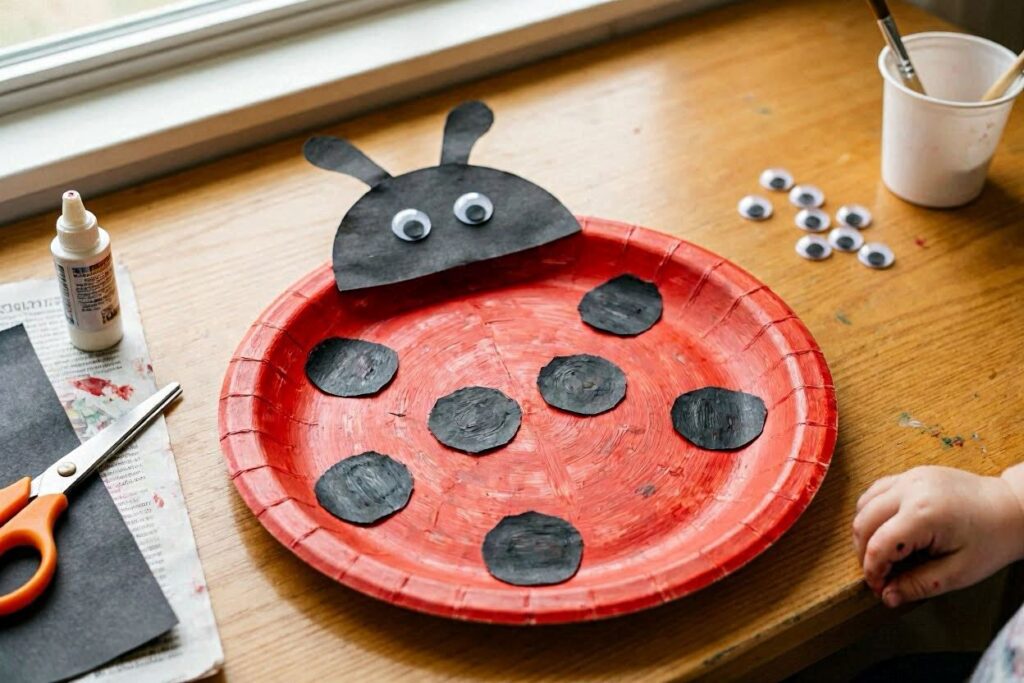 A red painted paper plate decorated as a ladybug with black dots and googly eyes, a classic ladybug craft idea for toddlers.