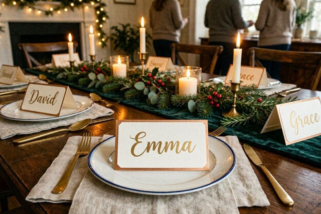 Personalized place cards on a christmas dinner table setting