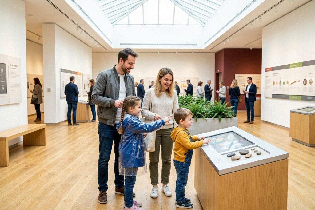 Cheap summer family outing at an indoor museum with free entry day where kids explore interactive exhibits.