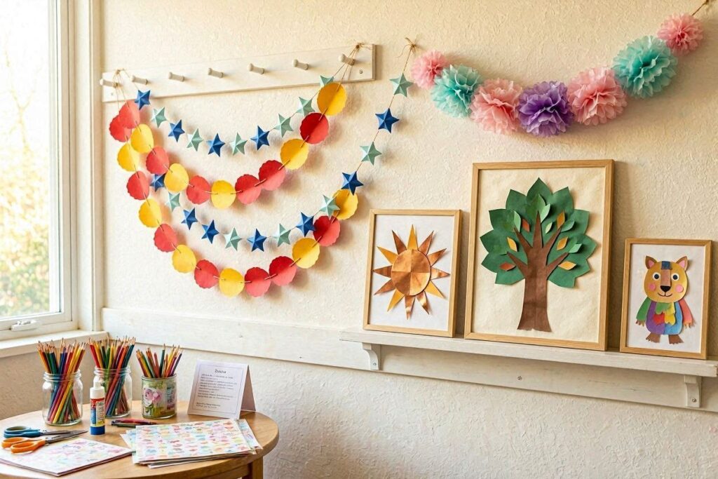 Paper wall art craft ideas for kids including paper garlands and framed paper artwork
