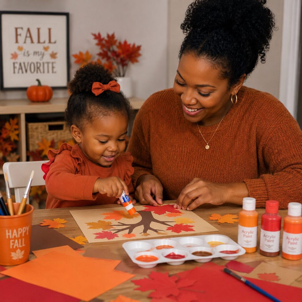 Mom and toddler sitting at a table doing paper fall crafts for kids
