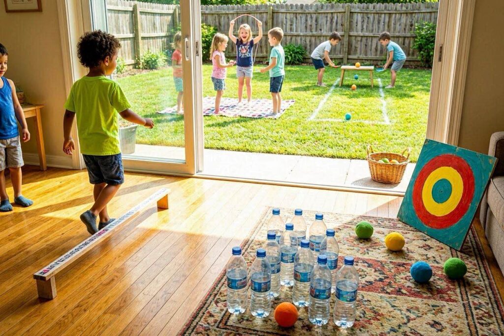 Collage of summer movement and motor skill games for kids including balance beam, bottle bowling, beanbag toss, freeze dance, and egg and spoon race.
