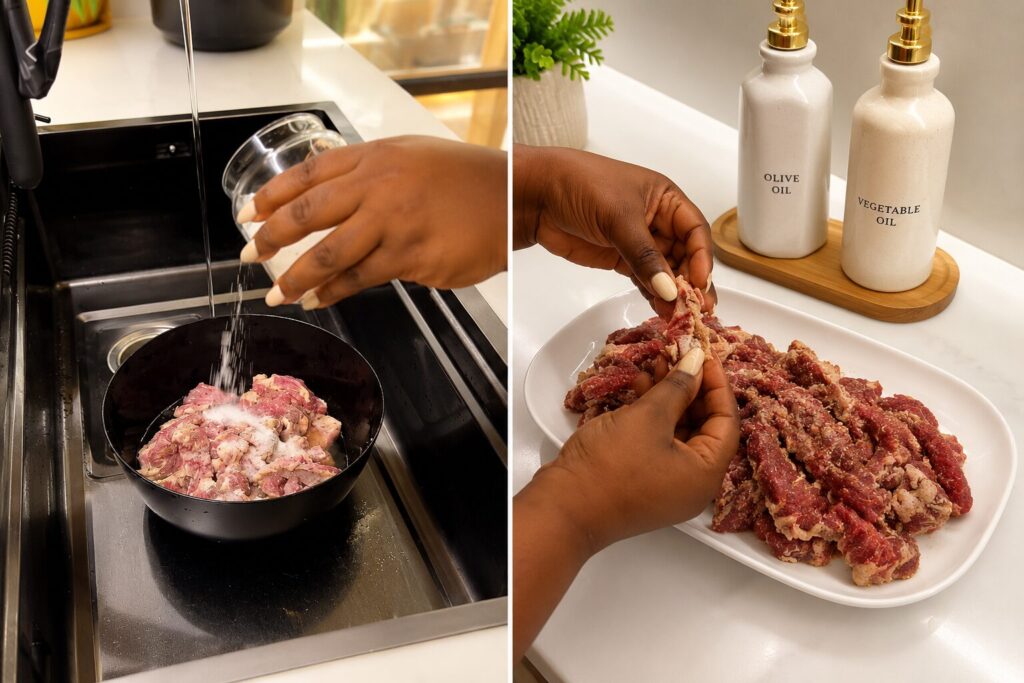 Cutting and washing beef for pan fried suya recipe
