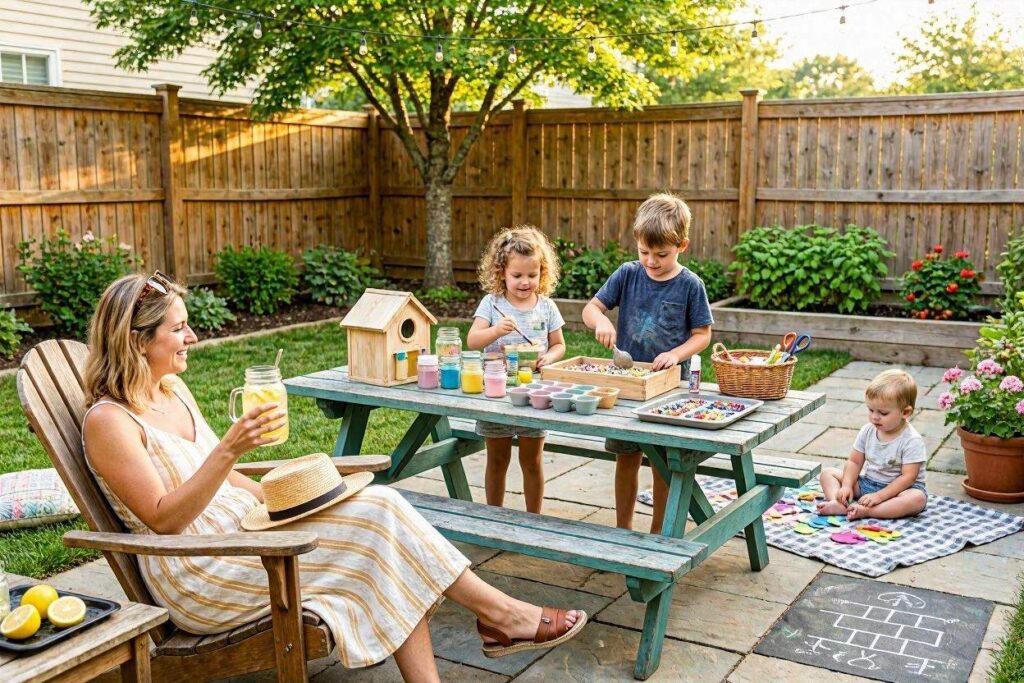 Outdoor summer activities for kids including water play in the backyard