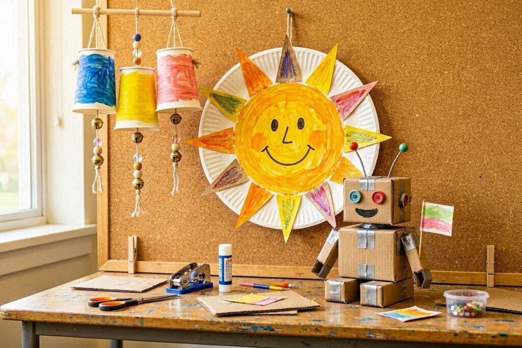 Paper plate and cardboard craft ideas for kids including a paper plate sun and cardboard robot
