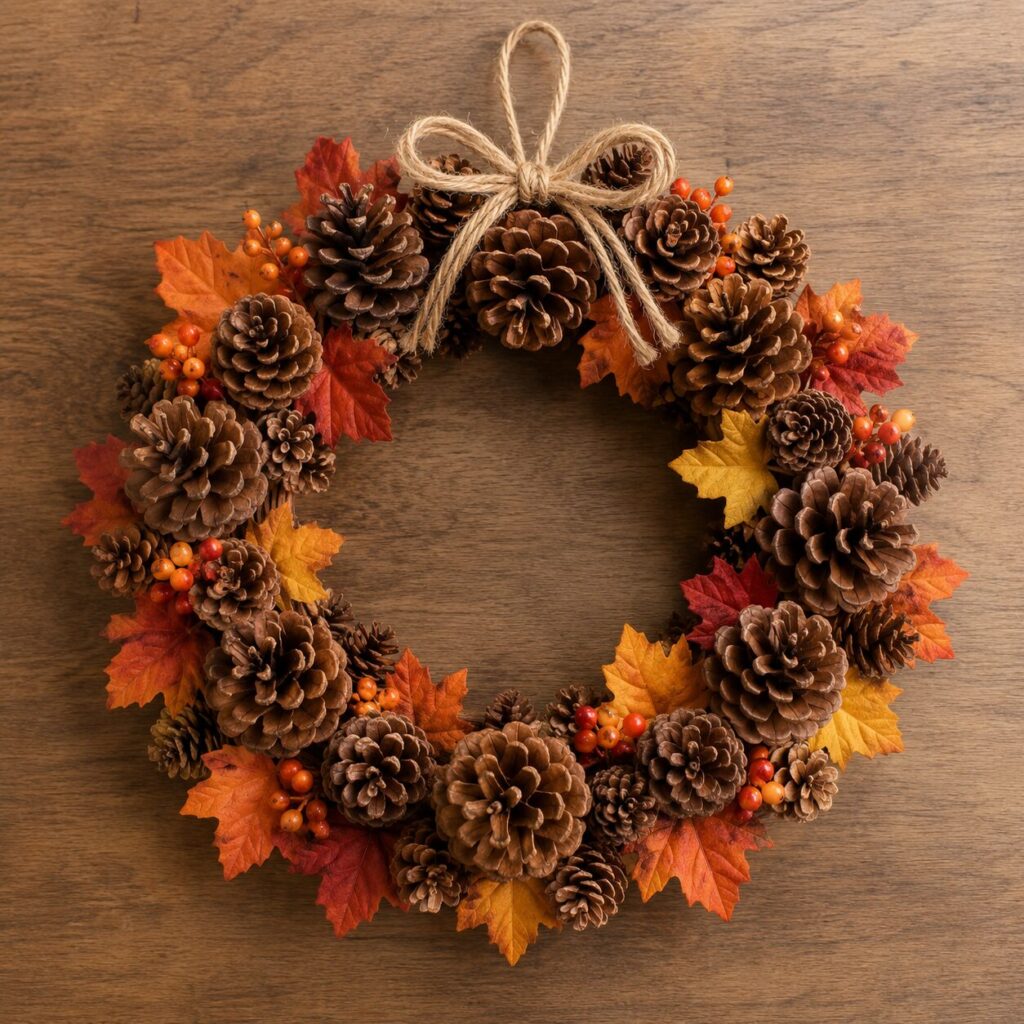Easy fall crafts DIY pinecone wreath for autumn door decor