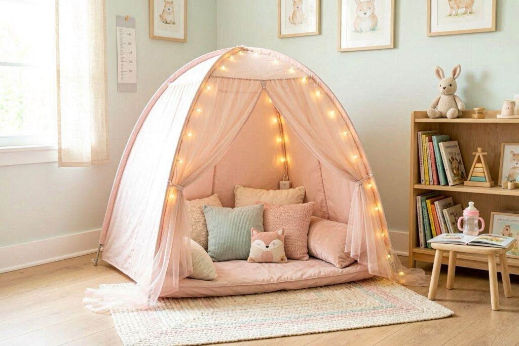 Pink play tent with fairy lights and pillows as a reading nook in a toddler girl's room