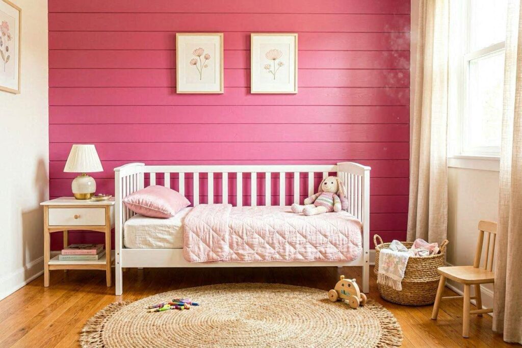 Pink shiplap accent wall behind white toddler bed in pink girls' room
