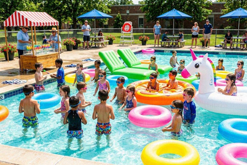 pool splash party summer theme for kids with inflatables and popsicles