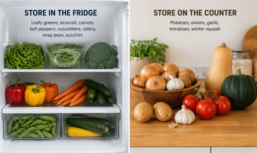Split image showing vegetables stored in fridge vs on the counter — a guide to storing vegetables properly