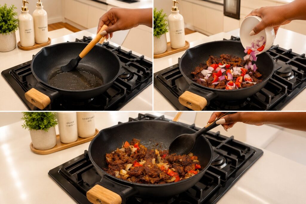 Pan frying beef with yaji spice for suya recipe