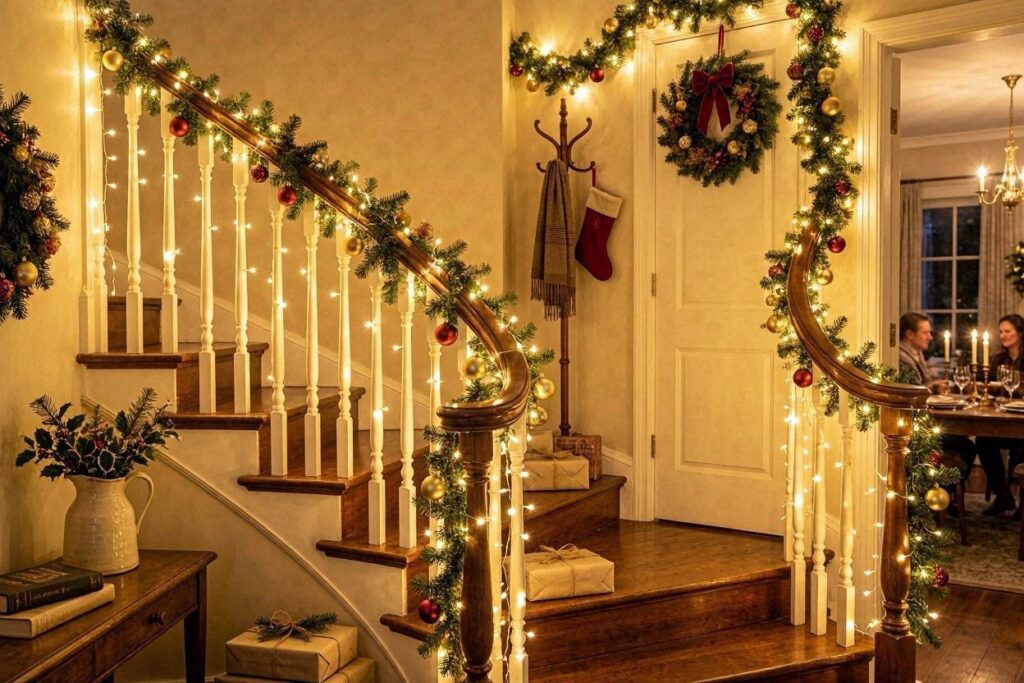 Warm white fairy lights draped along a staircase for Christmas party decorations
