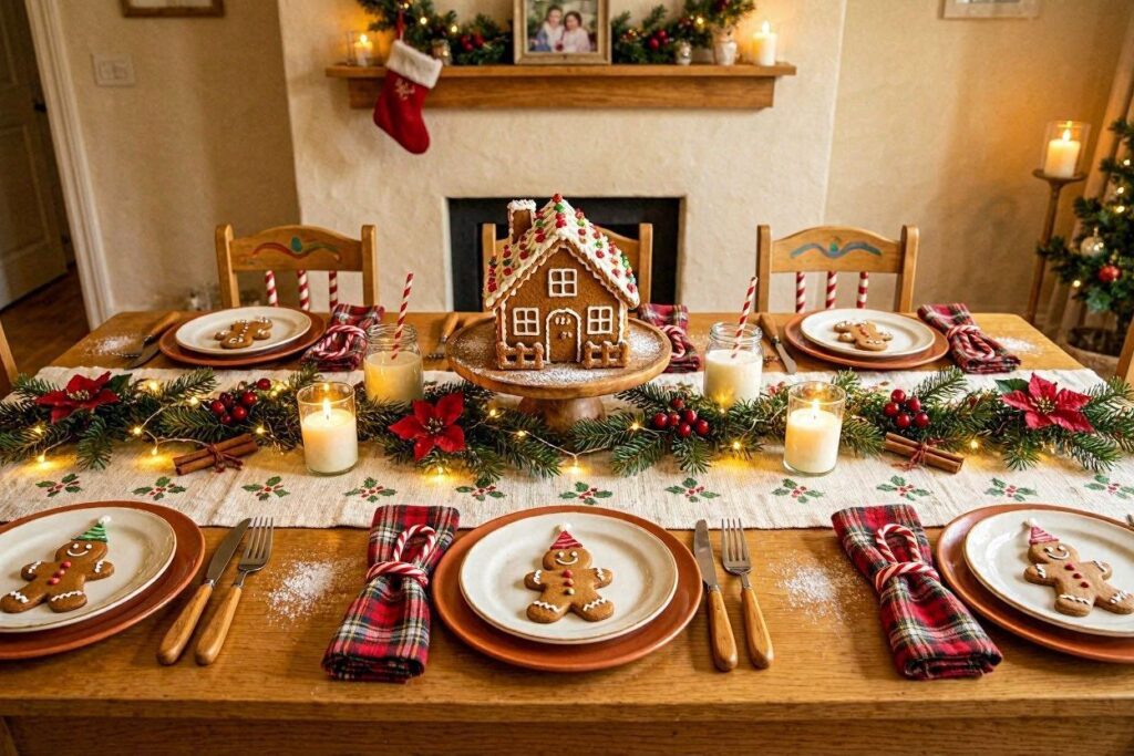 Gingerbread themed christmas dinner table setting for kids