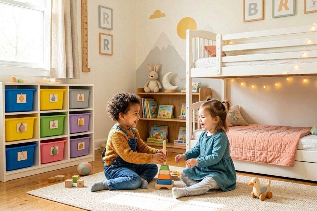 Two toddlers playing happily in a beautifully organized shared toddler room with bunk beds and colorful storage bins