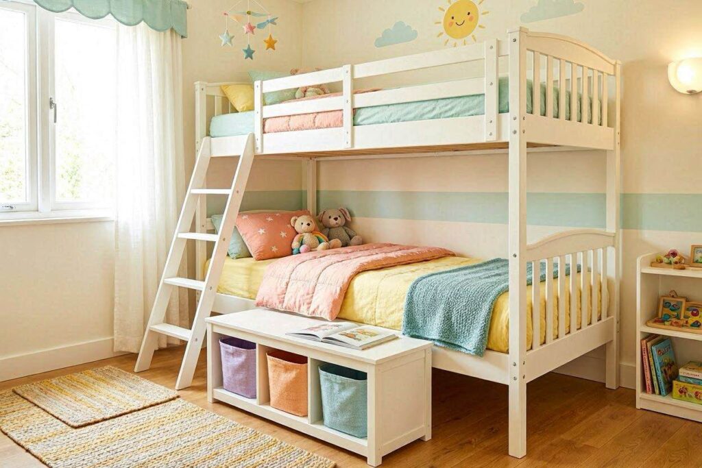 White bunk bed in a shared toddler room with colorful bedding and safety rails