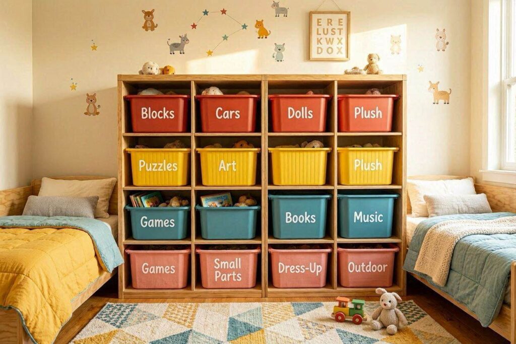 Shared toddler room with a large cube storage unit filled with colorful labeled toy bins for two children