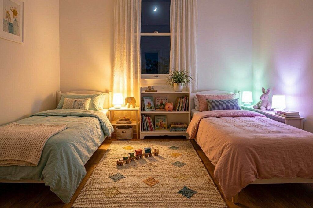 Shared toddler room at night with two soft colorful nightlights glowing on each side of the room