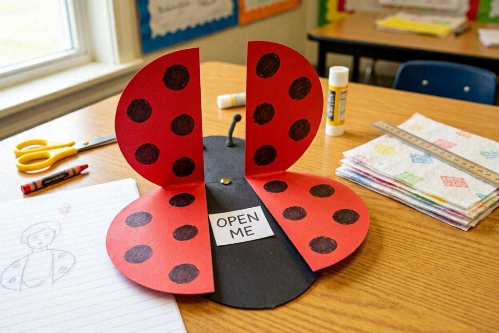 A red paper ladybug with split wings that open up, revealing a hidden message inside, a clever interactive ladybug craft idea for school-aged children.