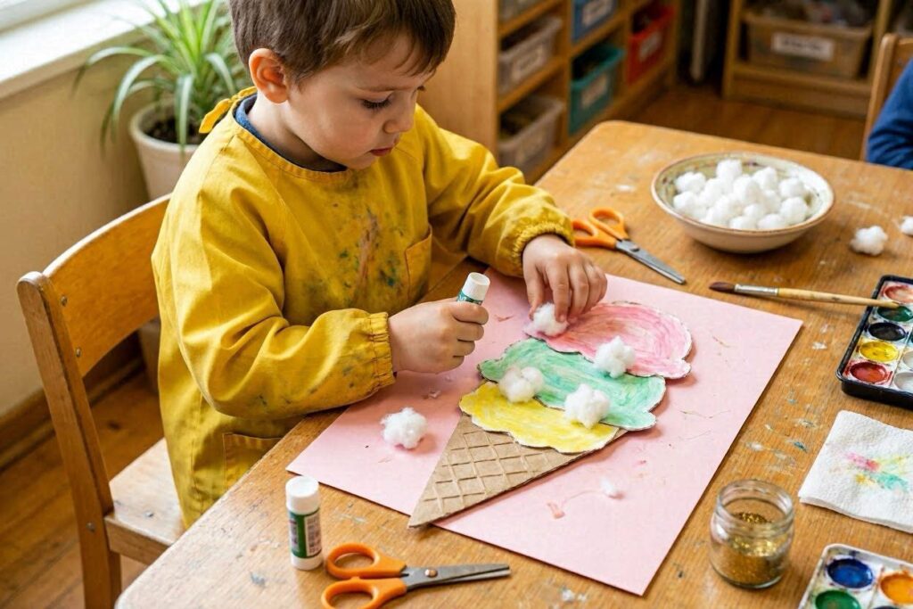 Kindergarten summer crafts for kids — cotton ball ice cream craft
