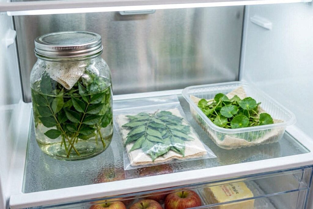 Freshly harvested curry leaf and centella leaf stored properly in the fridge to stay fresh for weeks